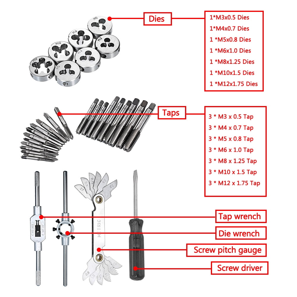 Threading 32 PCS HSS Tap And Die Set Metric Wrench Cut M3- Hand Threading Tool Tungsten Carbide Tap Die Screw Thread Making Tool Bit Set Engineer Kit With Metal Case