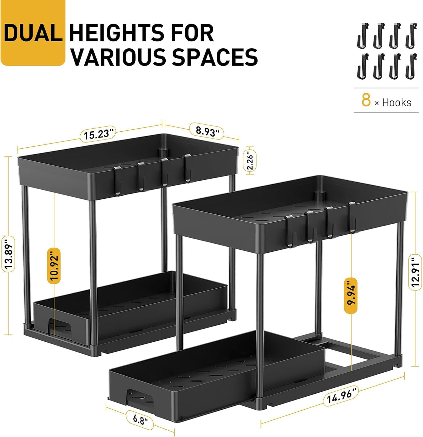 Delamu 2 Pack Under Sink Pull-Out Storage Tier with Hooks, Black, Bathroom, Kitchen Cabinet