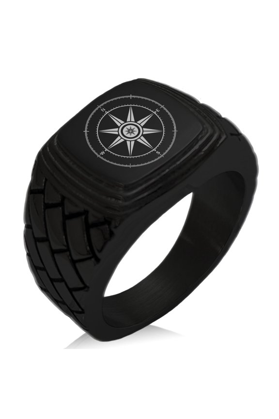 Stainless Steel Nautical Wind Compass Geometric Pattern Step-Down Biker Style Polished Ring