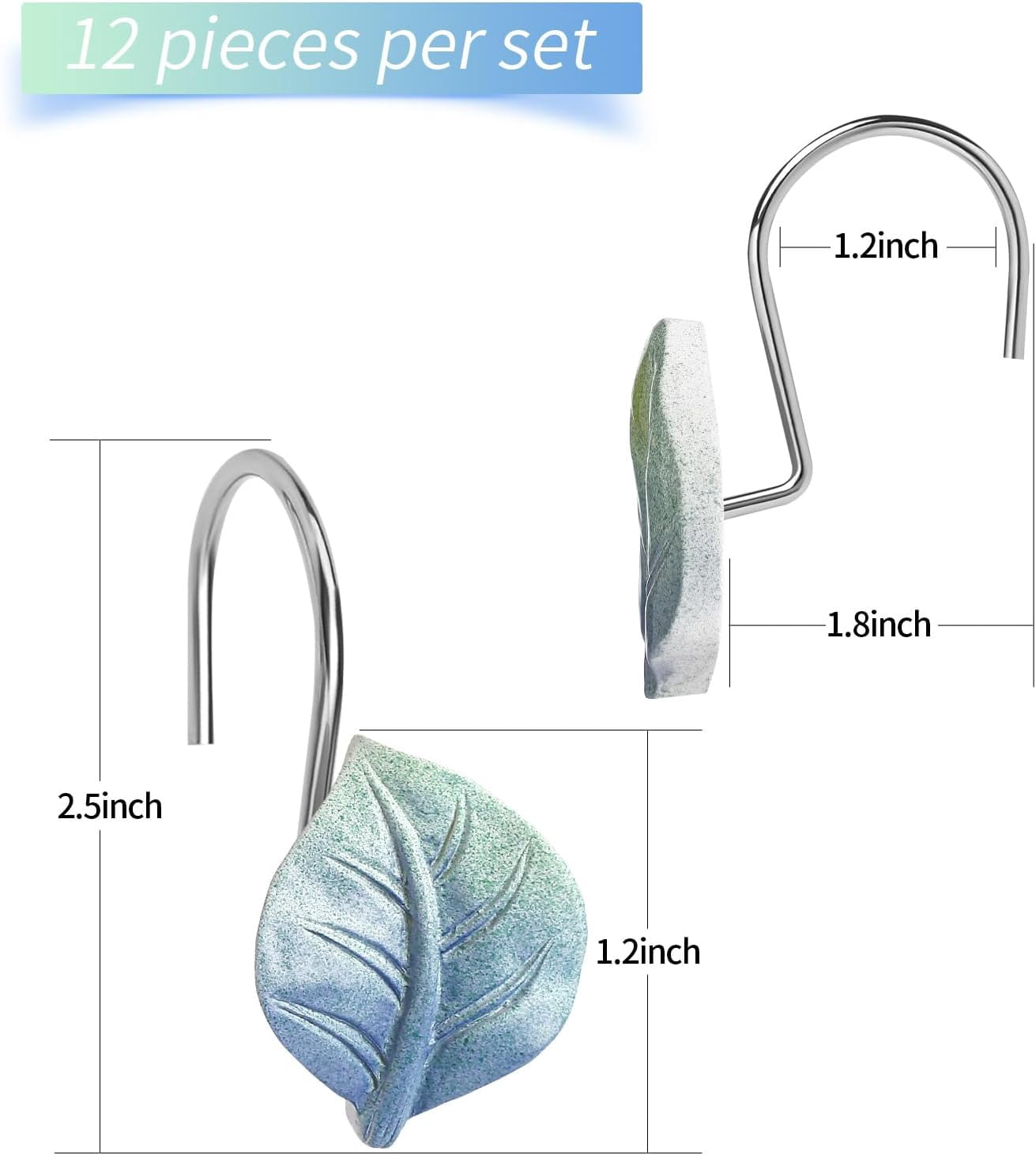 12PCS Leaves Shower Curtain Hooks, Blue Plant Leaf Decorative Shower Curtain Hooks Metal Rustproof Cute Eucalyptus Shower Curtain Rings Bathroom Decoration Accessories