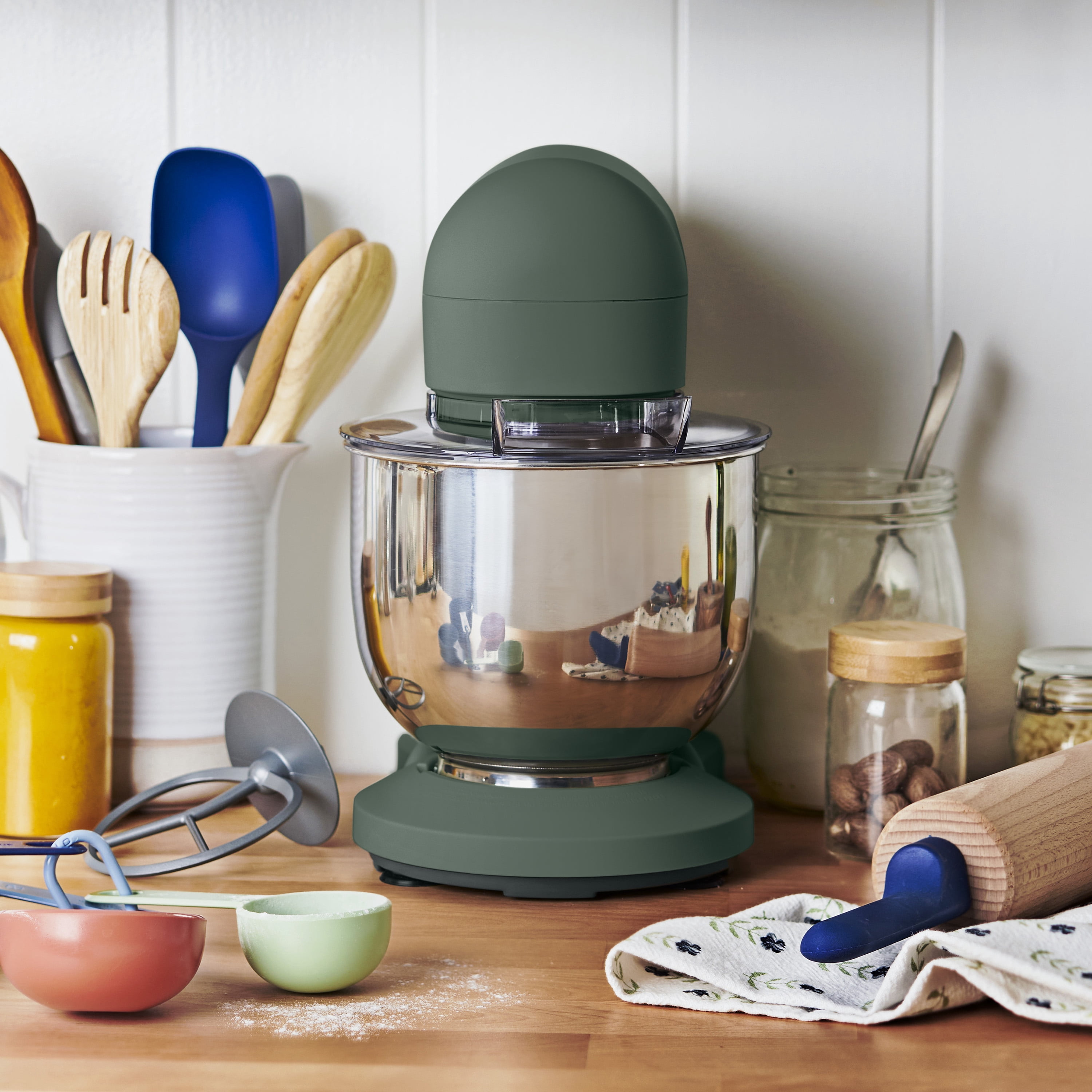 Beautiful 3.5 Qt Stand Mixer with Flat Beater, Dough Hook, Balloon Whisk, Thyme Green by Drew Barrymore