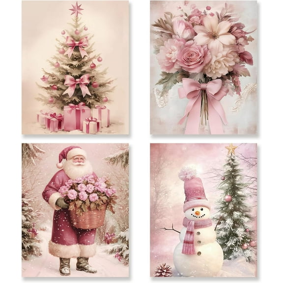 Hieng Vintage Christmas Wall Art Decor Set of 4 Retro Winter Holiday Xmas Artwork Poster Christmas Tree Snowman Wall Decor for Home Farmhouse Bedroom Gallery Decorations Unframed