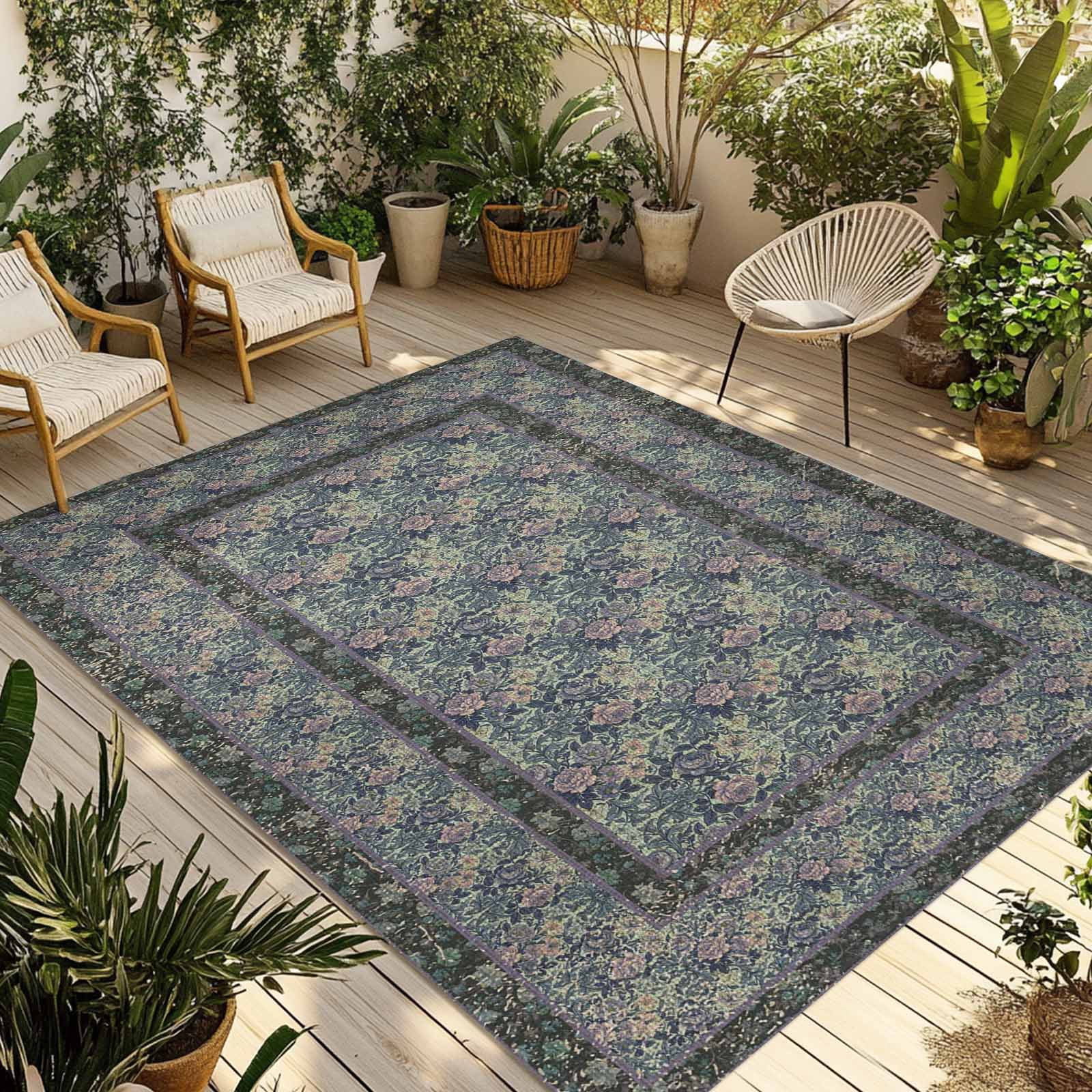 Outdoor Rug 5x8ft Boho Blue Flowers Large Area Rug Vintage Ethnic Style Texture Indoor Outdoor Carpet Outdoor Rugs Mats for Patio Camping,RV,Front Door, Outside Decor