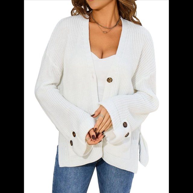 Suéter de Punto Grueso para Mujer, Cárdigan de Larga con Cuello en V, Botones y Bolsillo para Otoño e Invierno. M