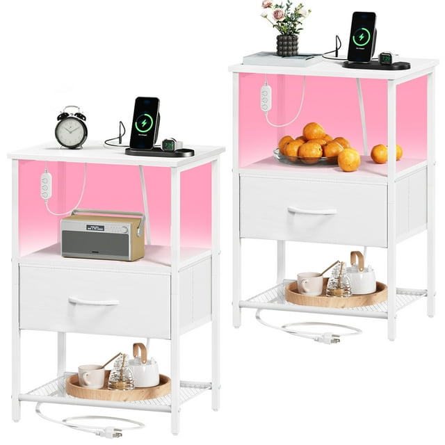 Eunos Ensemble de 2 Tables de Chevet Blanches avec Station de Recharge, DEL et Tablettes de Rangement pour Chambre et Salon