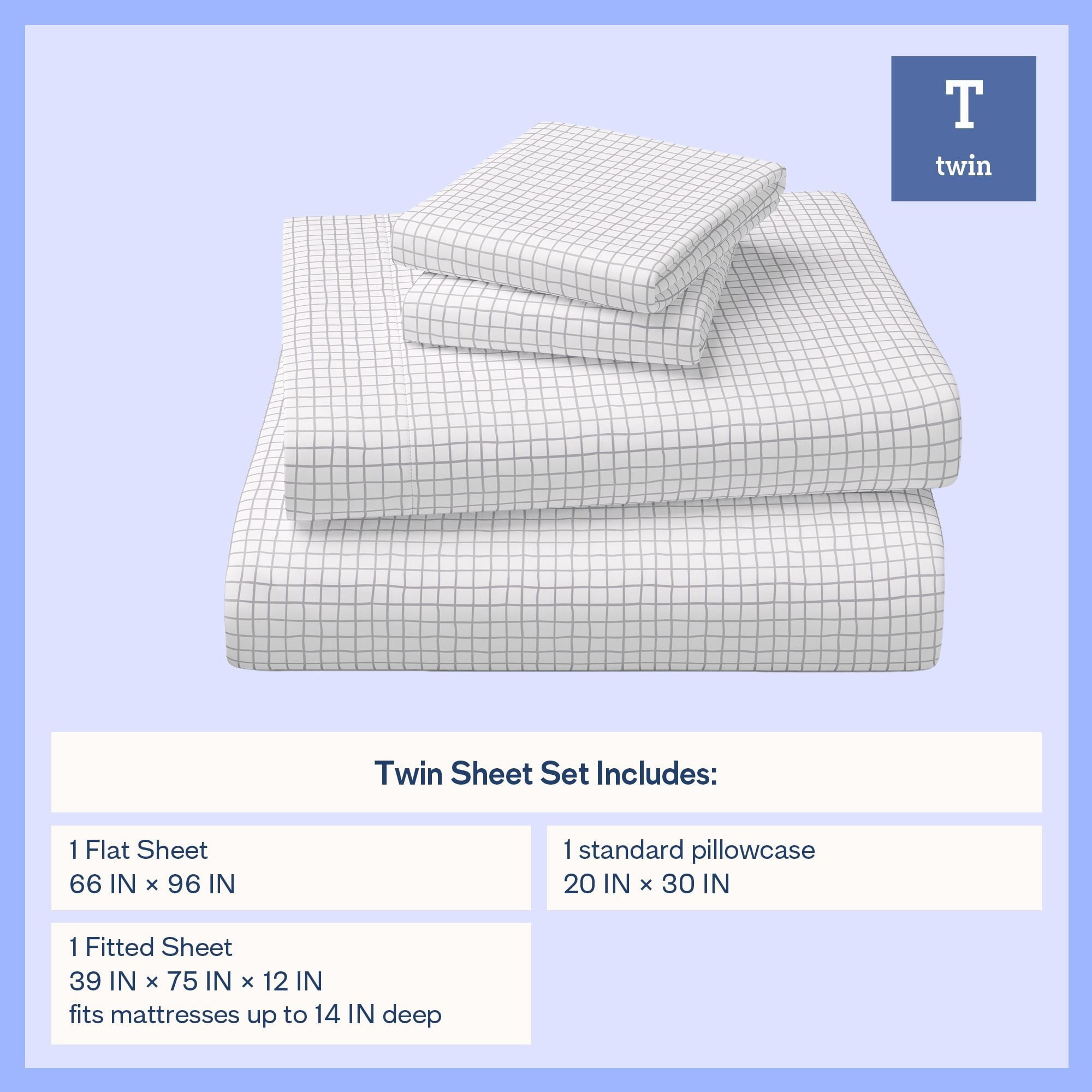 Mainstays Kids Microfiber Bed Sheet Set, Twin, White Grid, 3 Pieces