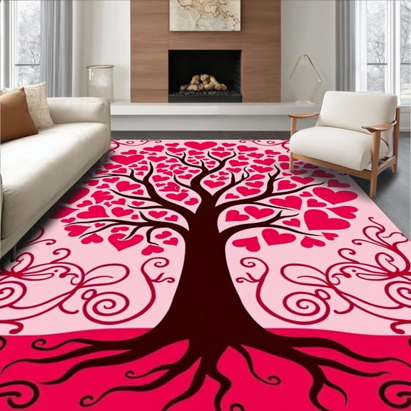 ODIKA 4'x6' Machine Washable Non-Slip Area Rug, Romantic Hearts Valentine Tree Festive Holiday Decoration High Traffic Rug, Pink, 631505
