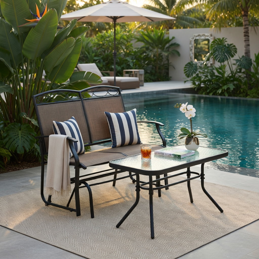Hommoo Outdoor Gliding Loveseat with Tempered Glass Coffee Table Set, 2-Piece Patio Furniture for Backyard, Porch & Poolside, Metal Frame, Breathable Fabric Seating, Brown