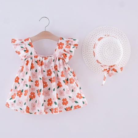 

Hunpta Strawhat Toddler Outfits Dress Baby Clothes+Bowknot Ruched Ruffles Girls Floral Girls Dress&Skirt