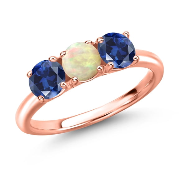 Gem Stone King 18K Rose Gold Plated Silver White Ethiopian Opal and Blue Created Sapphire Engagement Ring for Women | 1.50 Cttw | Round Cabochon 5MM | Gemstone October Birthstone | Size 6