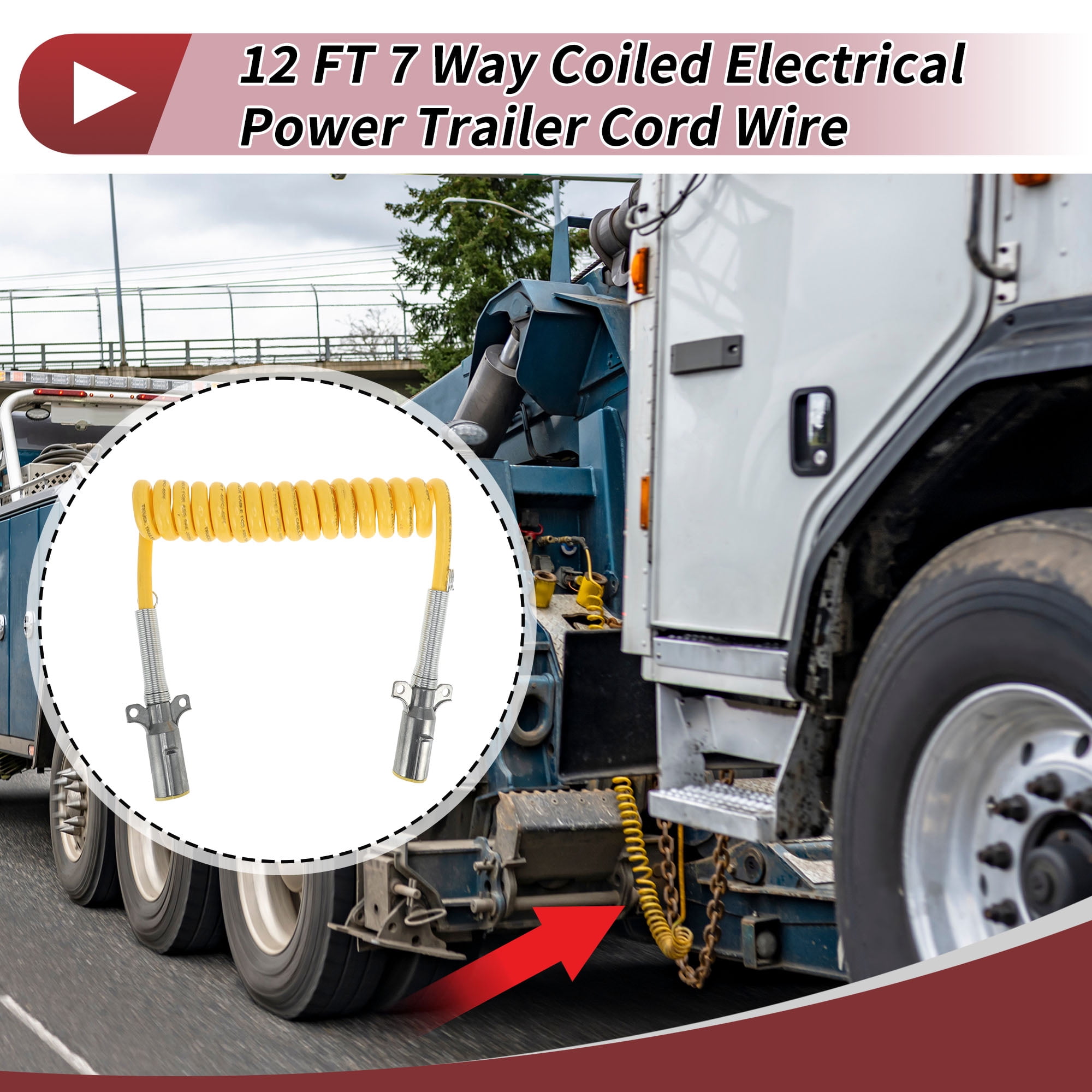 Unique Bargains 7-Way Coiled Trailer Cord 12 ft Yellow Zinc Alloy