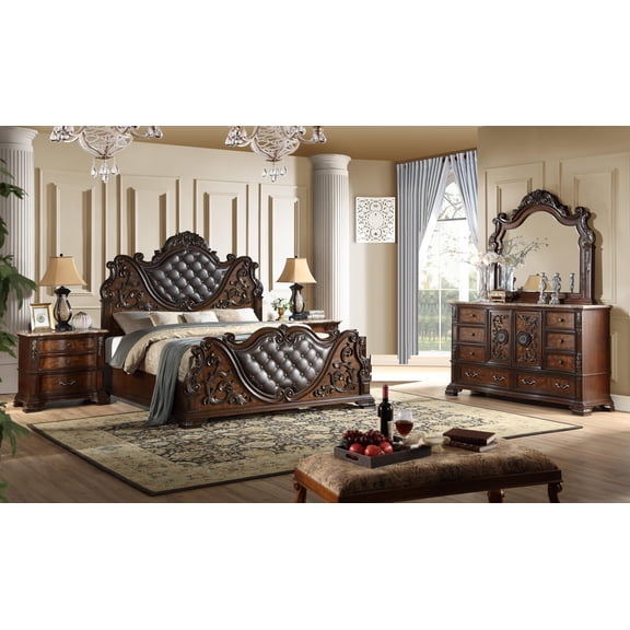Traditional 4pc Bedroom Set Formal Queen Size Upholstered Bed, Carving Wood Design, Marble Top