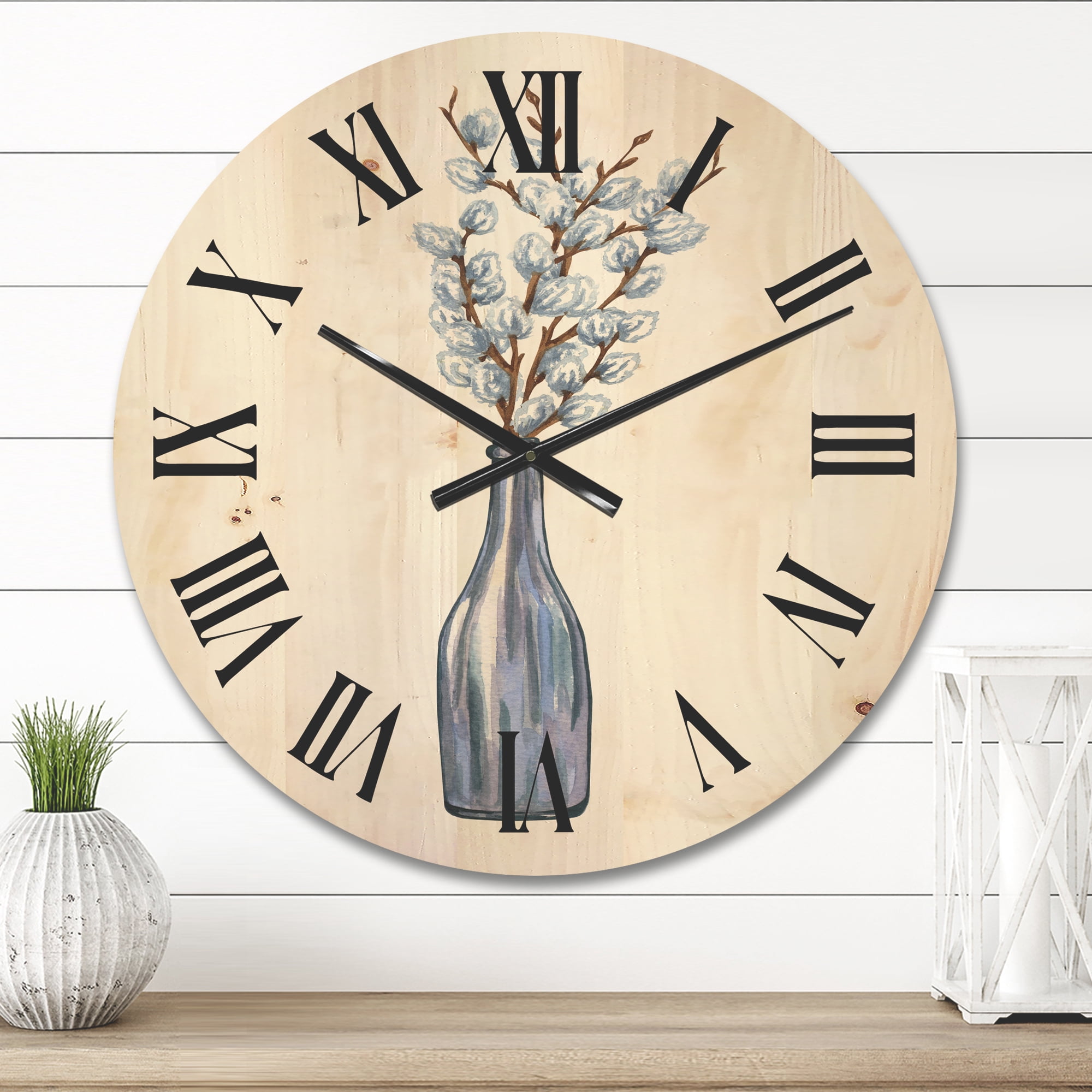 Designart 'Bunch of White Pussy Willow Twigs II' Farmhouse Wood Wall Clock