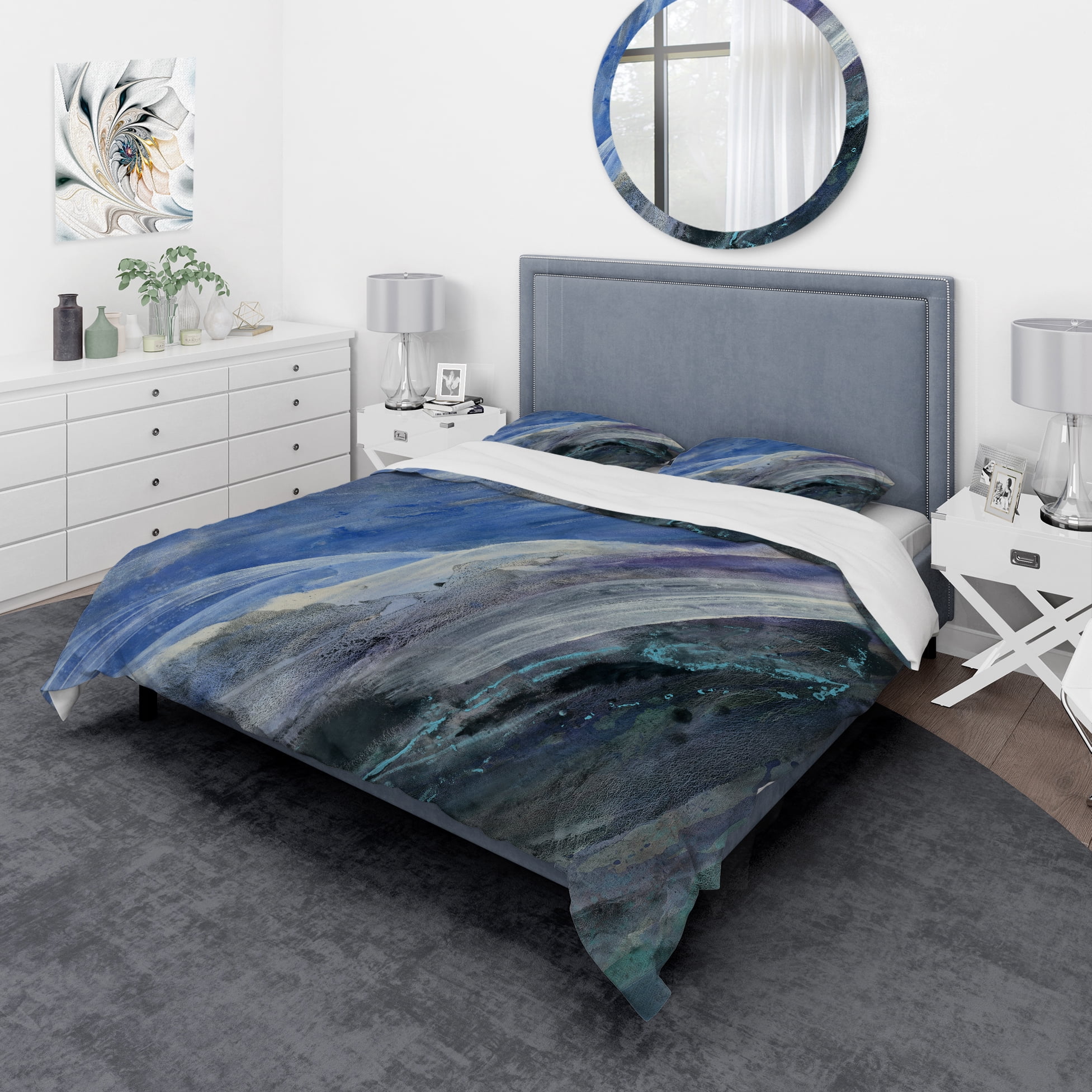 Designart 'Black And Blue Abstract Water Painting' Geometric Bedding Set - Duvet Cover & Shams