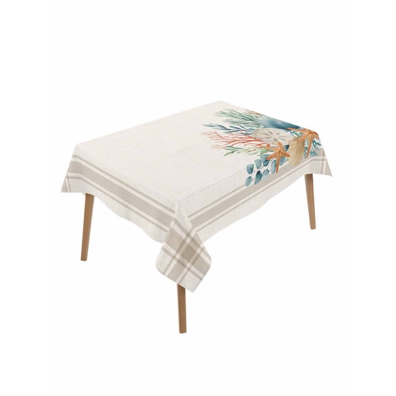 Summer Coastal Rectangle Tablecloth, Nautical Beach Marine Life Beige Striped Waterproof & StainResistant Tablecloth, Washable Oil-proof Table Cover for Dining/Party/Wedding/Camping/Buffet 60x102 In