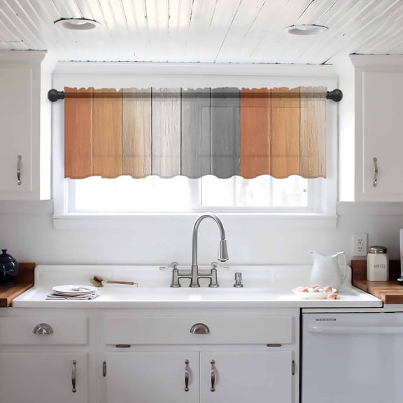 Burnt Orange Gray Ombre Valance Curtains for Kitchen/Living Room/Bathroom/Bedroom Window, Vintage Farmhouse Wooden Rod Pocket Small Topper Half Short Window Curtains Voile Sheer Scarf 60"x18"