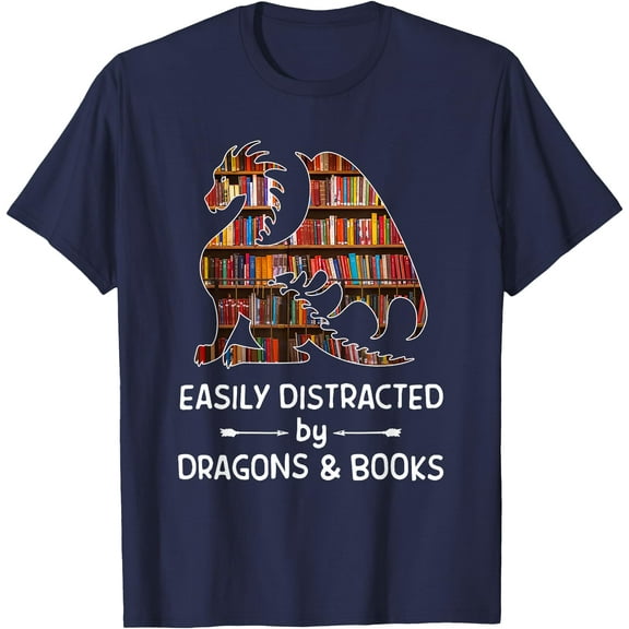 Easily Distracted by Dragon and Books nerds Unisex T-Shirt for Men Women Kids Toddler