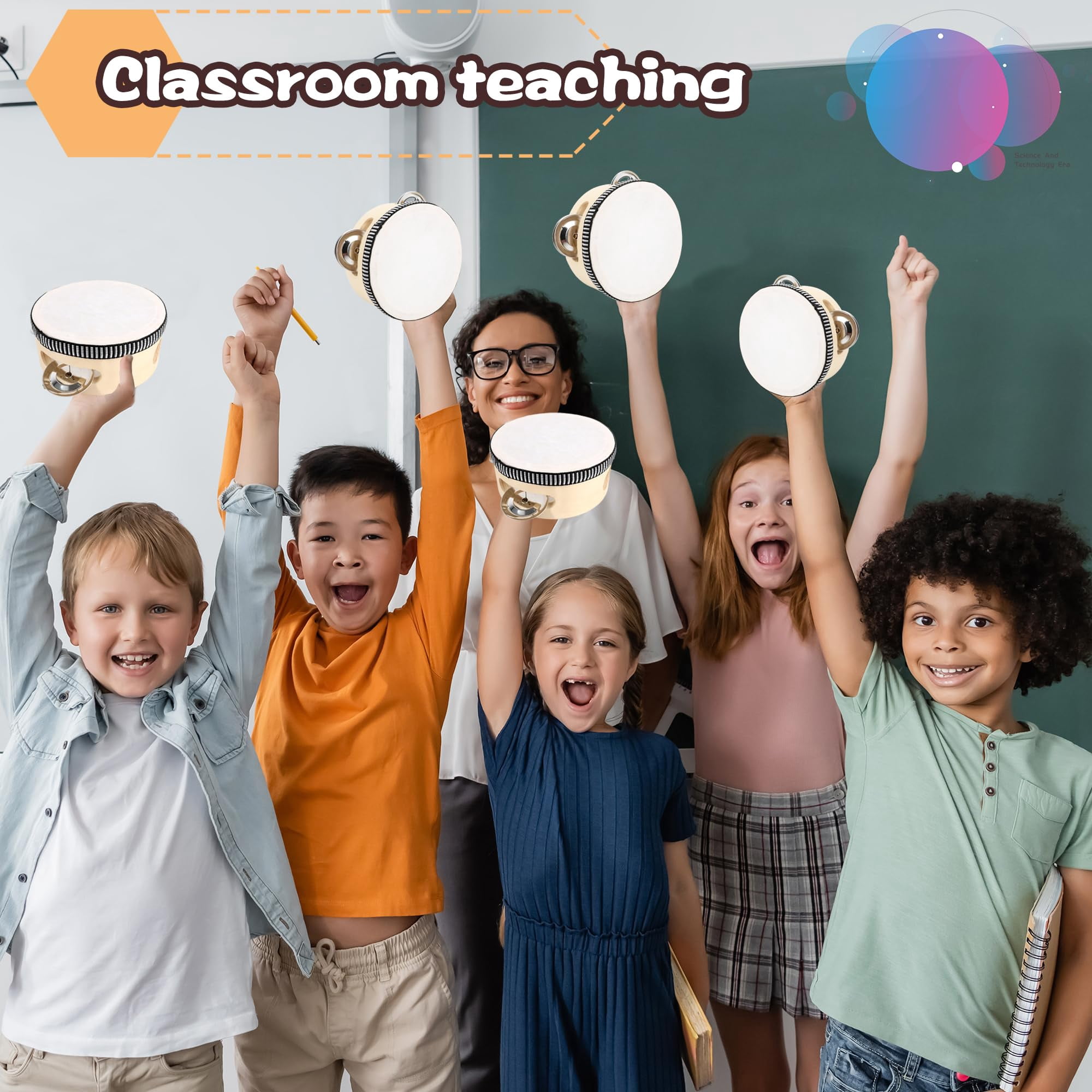 36 Pcs 4 Inch Wedding Tambourines Drum Wooden Natural Handheld Drums Metal Jingles Musical Instruments Percussion For Adult Church Party Favor