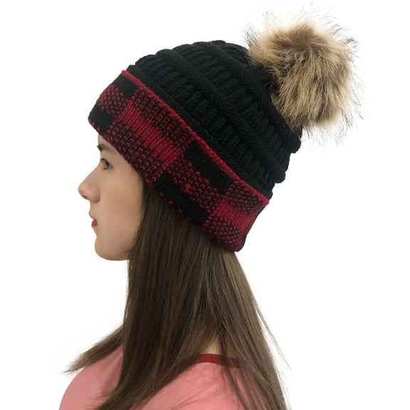 Herrnalise Women Casual Plaid Stitching Outdoor Plush Hats Crochet Knit Beanie Cap