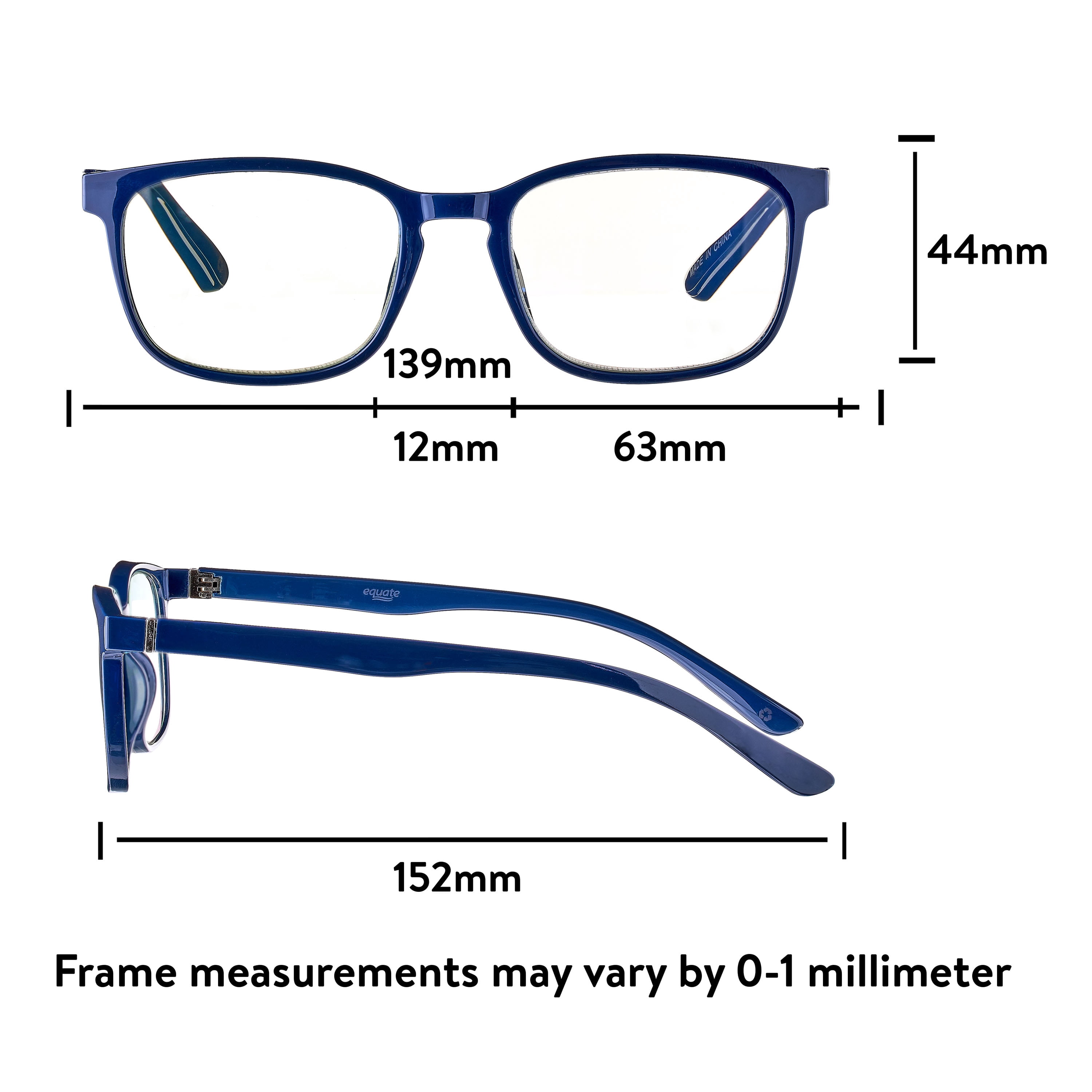 (2 pack) Equate Unisex Pike Bluelight Rectangular Reading Glasses with Case, Dark Grey Blue, +1.50