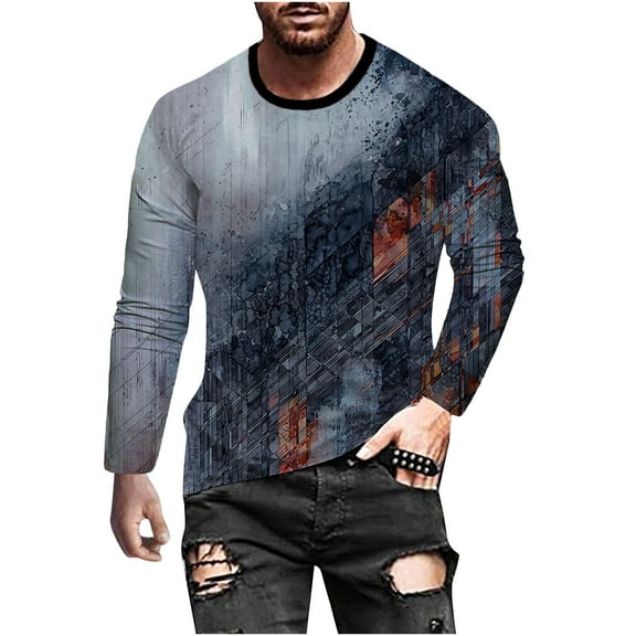 Fesfesfes Long Sleeve Shirt Mens Digital Printing 3D Gradient Casual Long-sleeved T-shirt Round Neck Top Clearance Under $10
