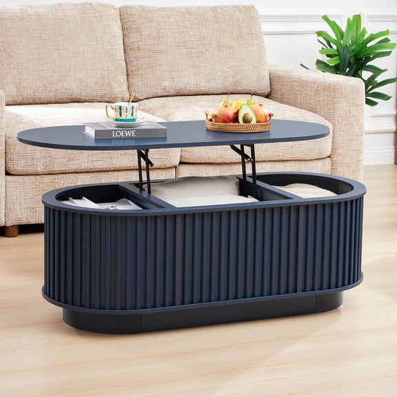 Wirrytor Lift Top Wood Oval Coffee Table with Hidden Storage Compartment and Shelf for Living Room, Fluted Oval Center Tea Table with Wooden Lift-Top for Apartment, Small Space, Blue
