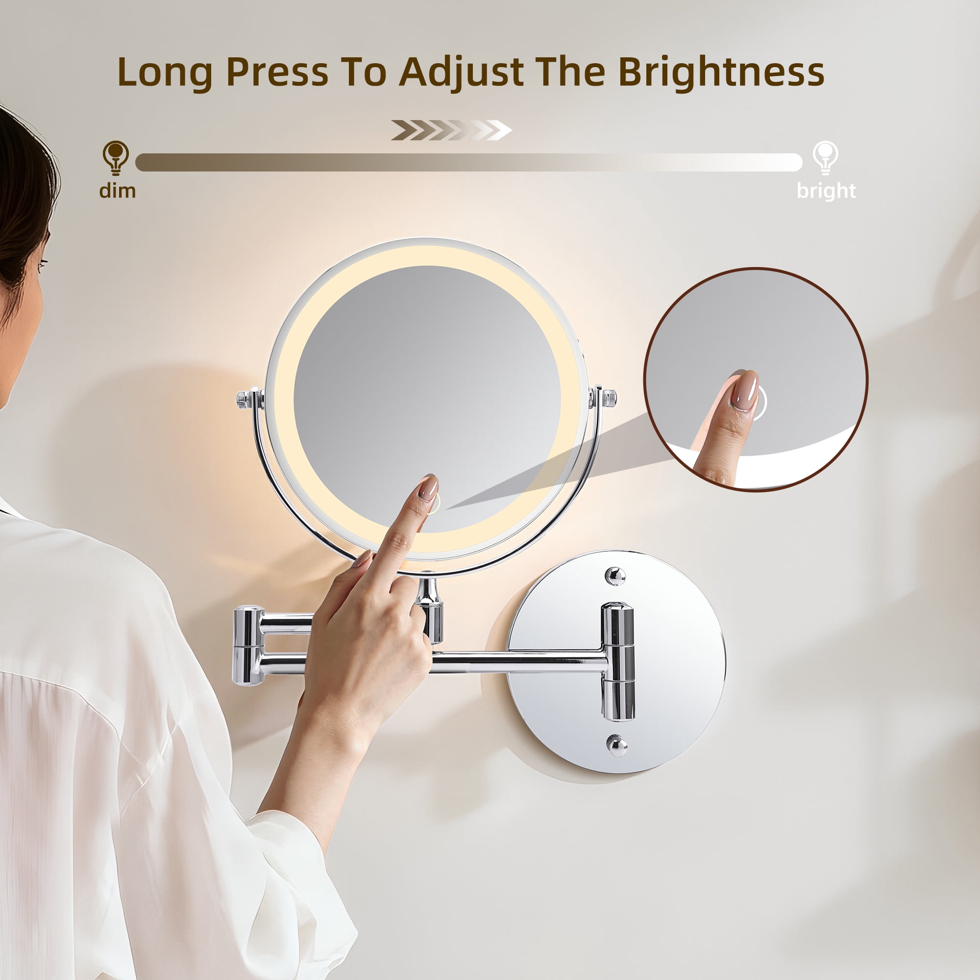8-Inch Rechargeable Wall Mounted Makeup Mirror with Lights and 1X/10X Magnification, Double-Sided Bathroom Shaving Mirror, Chrome