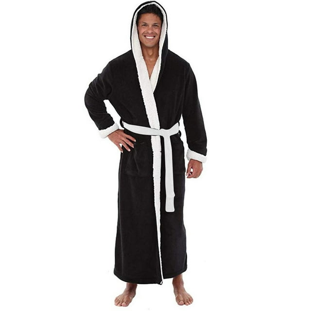 WZXFASHION Men's Winter Plush Lengthened Shawl Bathrobe Home Clothes Long Sleeved Robe Coat Intimates Black XXXL