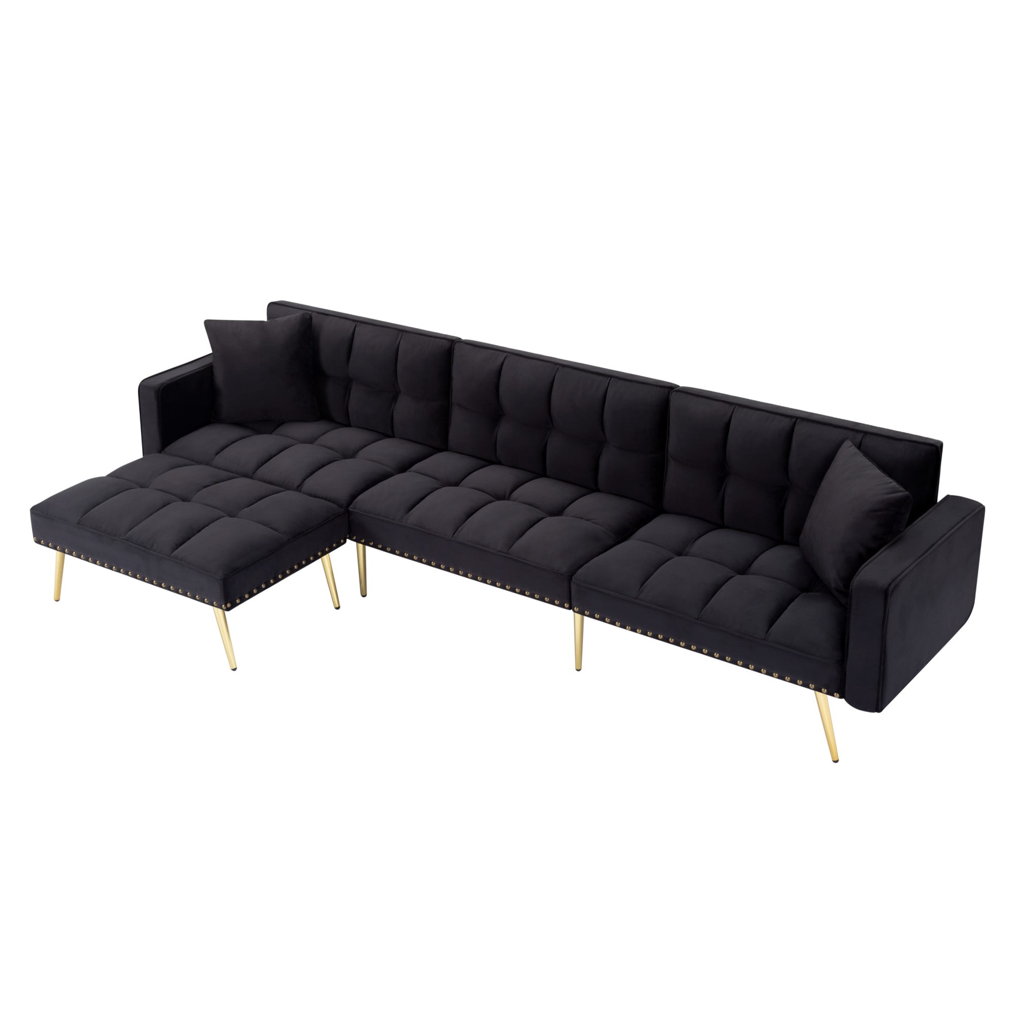 DEALTOPS 107” Convertible Sectional Sleeper Sofa Bed, Velvet L-Shaped Futon with Reversible Ottoman & Gold Legs, Black