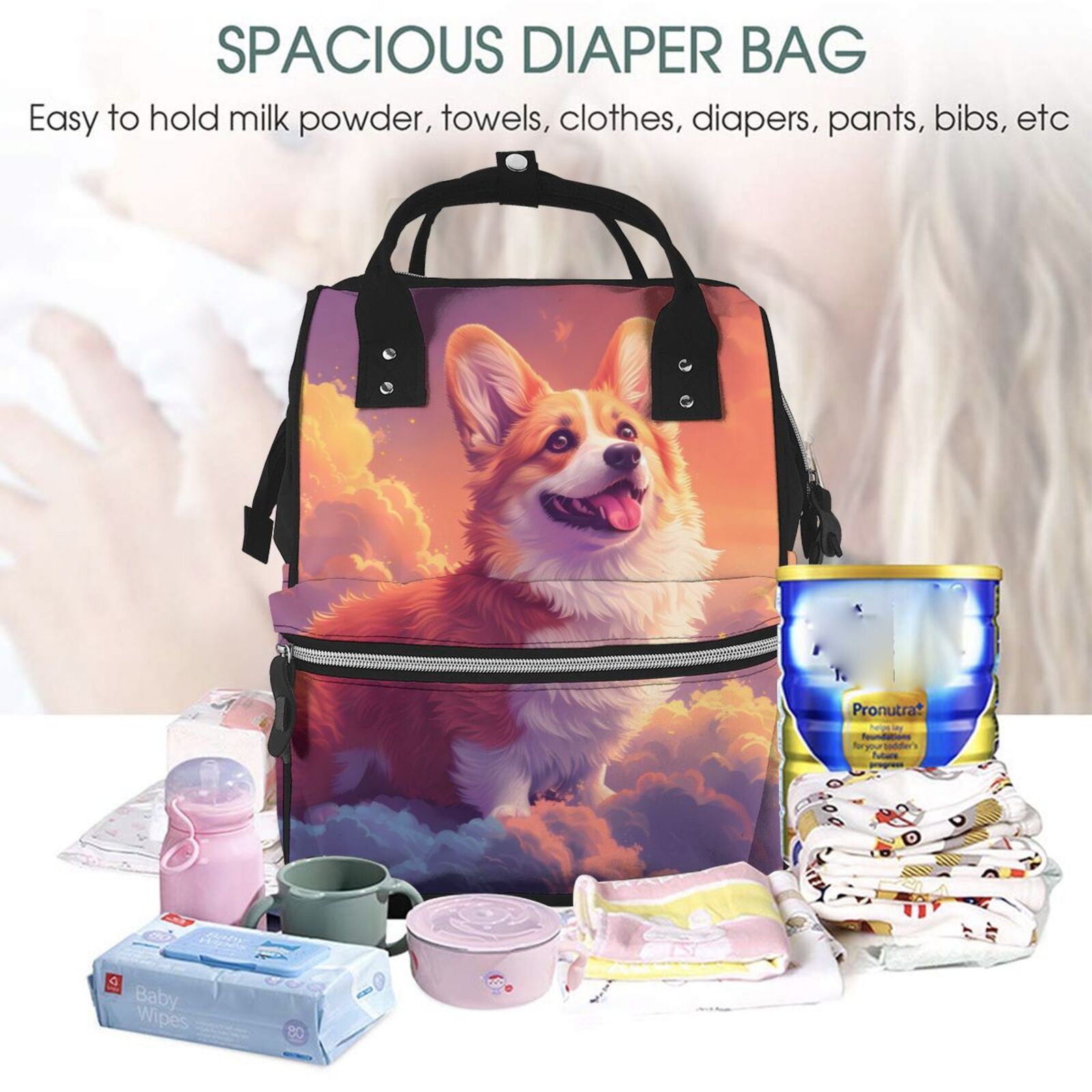 Fuzoiu Sunset Cloud Corgi Print Diaper Bag Backpack,Baby Essentials Travel Tote,Multi function Waterproof Diaper Bag, Travel Essentials Baby Bag - Unisex
