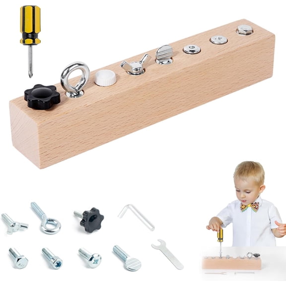 Educational Screw-Tightening Busy Board, with Wooden Screwdriver Set, Activity Board with Wooden Screwdriver Set,Portable Beech Wood Busy Board,Develop Fine Motor Skills for Home,Travel (8-Hole)