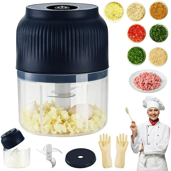 Electric Garlic Chopper, Mini Portable Veggie Chopper with Egg beater, Upgraded 6-blade Garlic Grinder for Mashing Onion, Garlic, Chili, Egg (Blue-4)