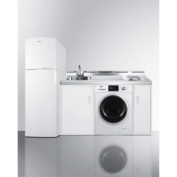 All-in-one combination kitchenette with full-sized refrigerator-freezer, 115V combo washer/dryer, sink, storage cabinet, and 2-burner coil cooktop