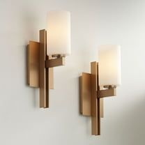 Possini Euro Design Ludlow Modern Wall Light Sconces Set of 2 Burnished Brass Hardwire 4 1/2" Fixture White Glass for Bedroom Bathroom Vanity Reading
