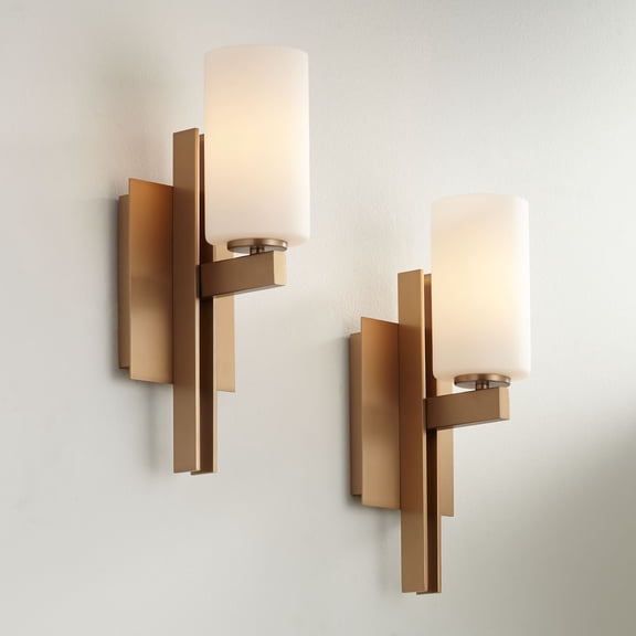 Possini Euro Design Ludlow Modern Wall Light Sconces Set of 2 Burnished Brass Hardwire 4 1/2" Fixture White Glass for Bedroom Bathroom Vanity Reading