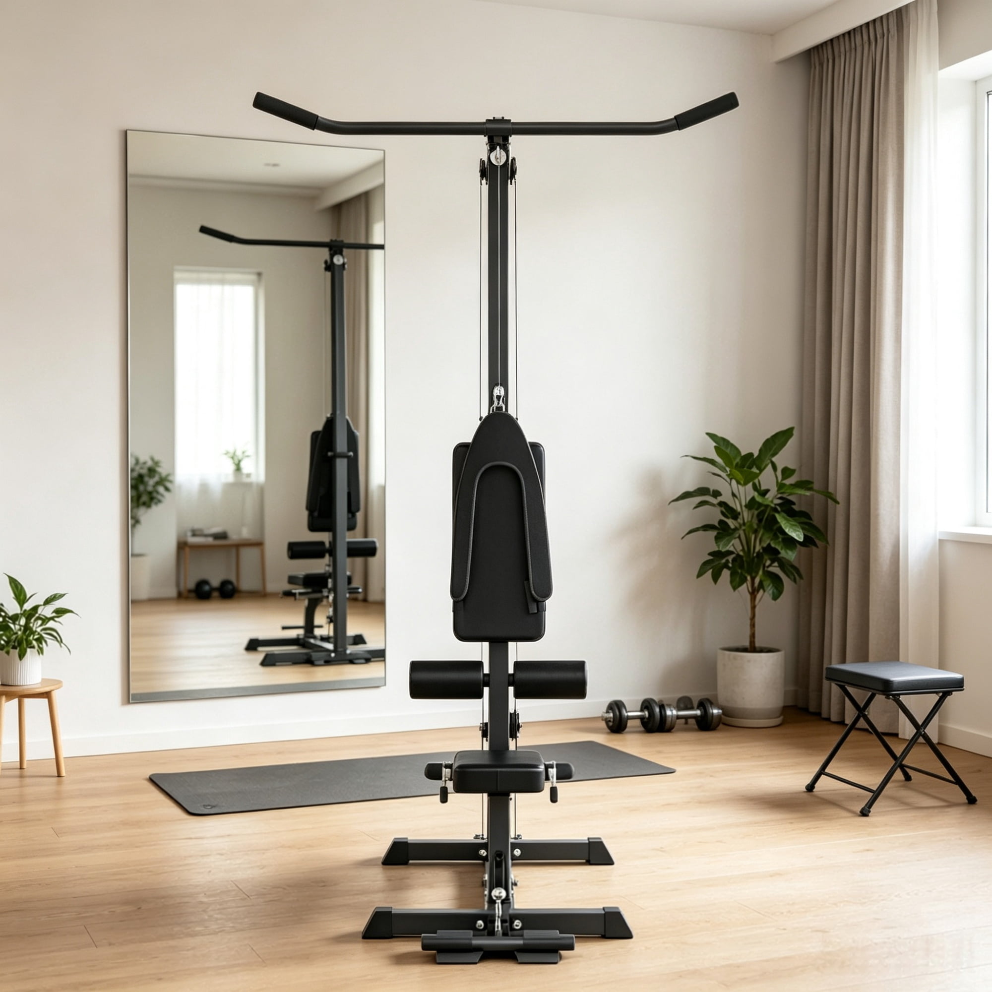 Pull Down Machine with Adjustable Seat And Flip-Up Footplate High/Low Pulley Home Gym Equipment Black