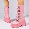 thumbnail image 4 of SACFOF Women's Pink Platform Boots Wedge Combat Gothic Chunky Heel Mid Calf Punk Motorcycle Shoes, 4 of 6
