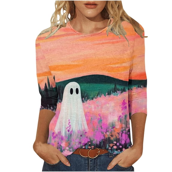 SBYOJLPB 3/4 Sleeve Tops for Women Halloween Printed Crew Neck Pullover Top