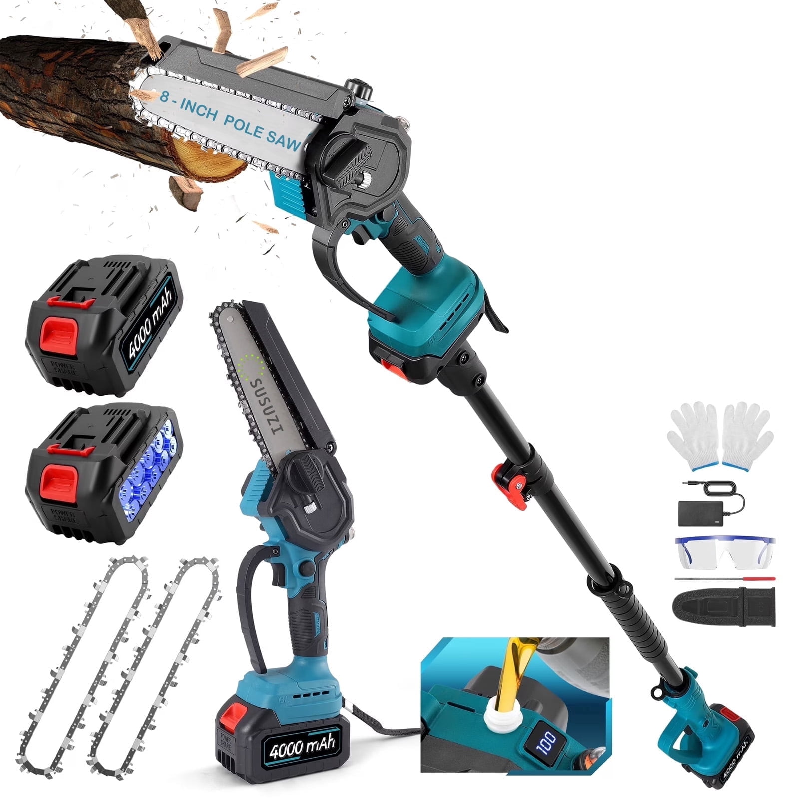 2-in-1 Cordless Pole Saw 8" Mini Chainsaw – 5.7-7.9FT Telescopic Tree Trimmer with 2 Batteries (Brushless Motor)