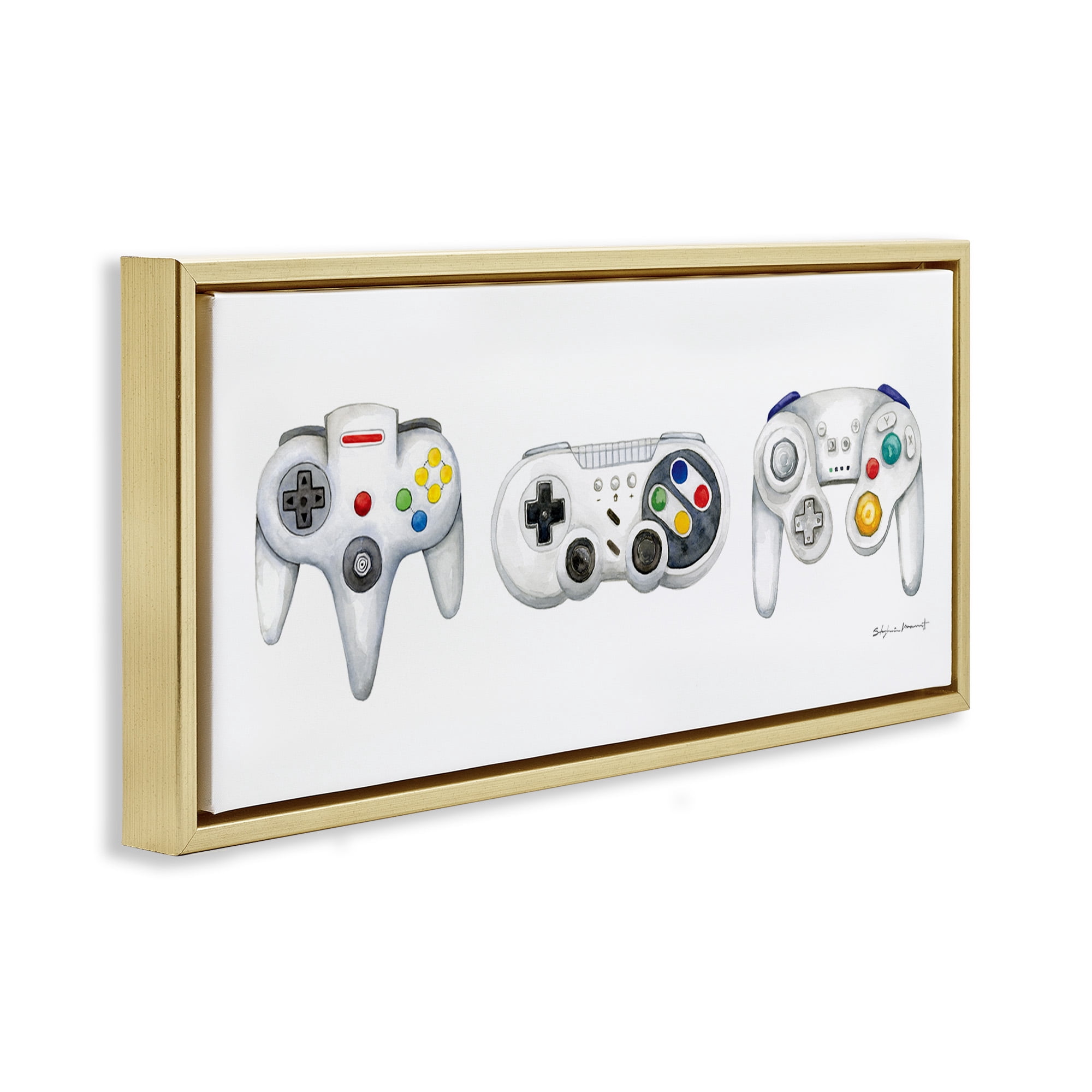 Stupell Industries Vintage Video Game Controllers Art for Kids Painting Gold Floater Framed Canvas Art Print Wall Art, 31 x 14