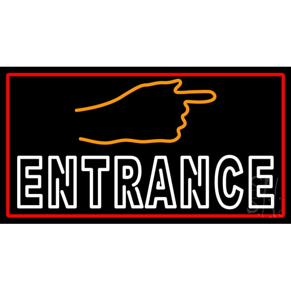 Entrance With Hand Pointing With Red Border LED Neon Sign 13 x 24 - inches, Clear Edge Cut Acrylic Backing, with Dimmer - Bright and Premium built indoor LED Neon Sign for Bar decor.