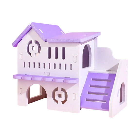 Hamster Hideout House, Wooden Sleeping Bed Villa Style Natural Solid Wood Landscape Decor Mouse Gerbil Small Animal Habitat Nesting Place Exercise Activity Center, Duplex Villa Purple