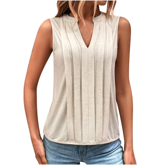 Timegard Womens Tank Tops Pleated V Neck Comfy Sleeveless Tops Summer Casual Tunic Tops Solid Color