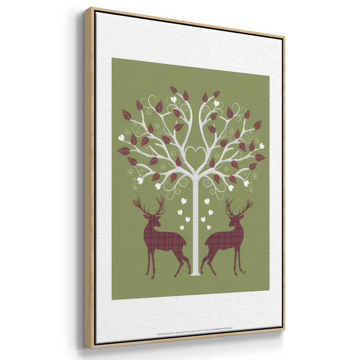 Christmas Des - Deer and Heart Tree, Pink On Green - Framed Gallery Wrapped Holiday Canvas - 27 x 41 - Natural Wood Frame