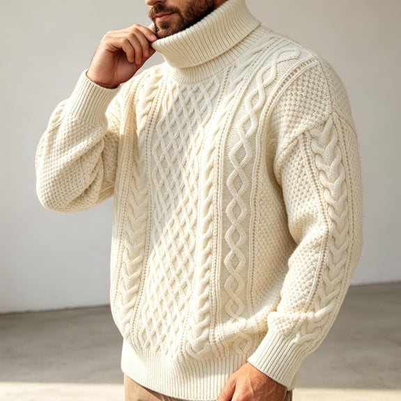Vxararl Men's Turtleneck Cable Knit Sweater, Chunky Thermal Long Sleeve Pullover Jumper Casual Fall Winter Warm Knitted Top for Daily Outdoor Wear Beige L