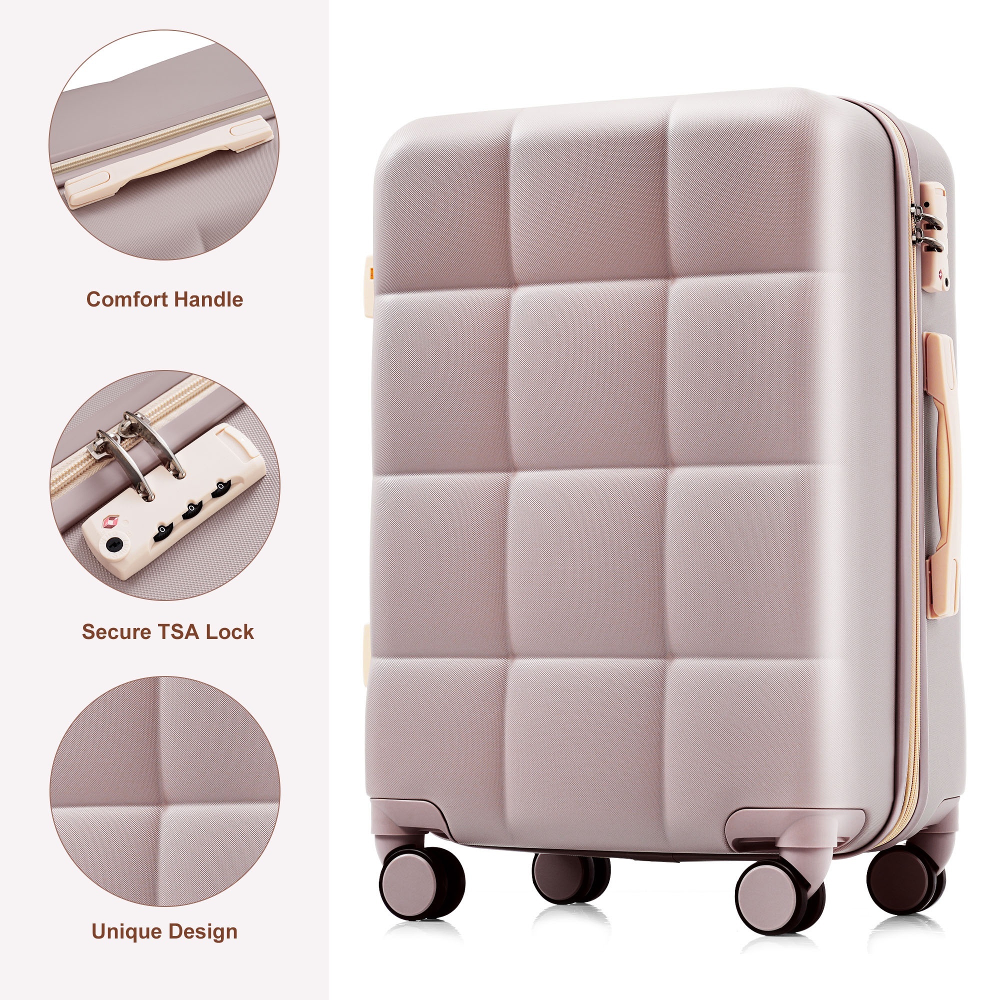 Euroco Luggage Set 3 Piece, ABS Hardside Suitcase with Spinner Wheels and TSA Lock, 20" Carry-on Luggage with Cup Holder for Travel(20"/24"/28"),Brown