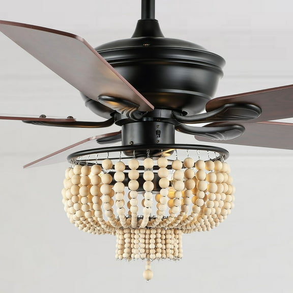JONATHAN Y Opal 52" 3-Light Farmhouse Rustic Wood Bead Shade LED Ceiling Fan With Remote, Black