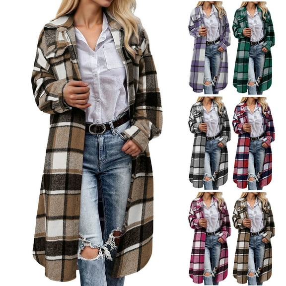 idosla Women Fall Flannel Plaid Shacket Jacket Oversized Button Down Long Shirt Jacket (Purple, XXL)