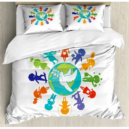 Youth Queen Size Duvet Cover Set Cute Children Silhouettes Around