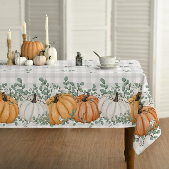 Fall Tablecloth 60x84 Inch Rectangular, Thanksgiving Autumn Harvest Orange Pumpkin Buffalo Plaid Table Cover for Party Picnic Dinner Decor